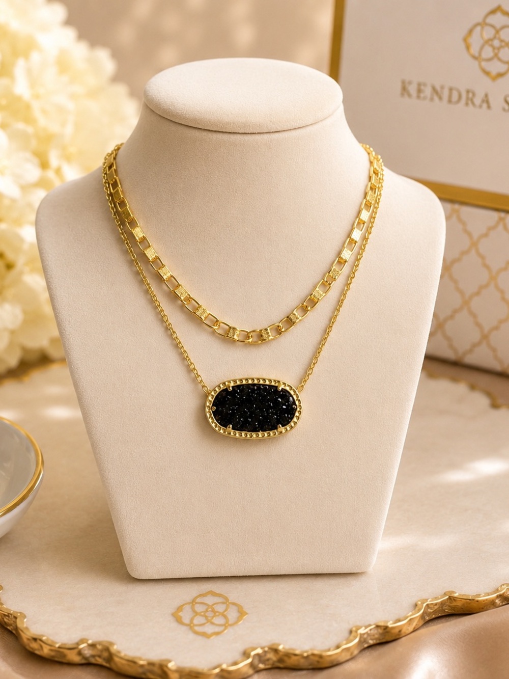 Kendra Scott Gold Layered Necklace with Black Druzy Pendant - Picture 2 of 3